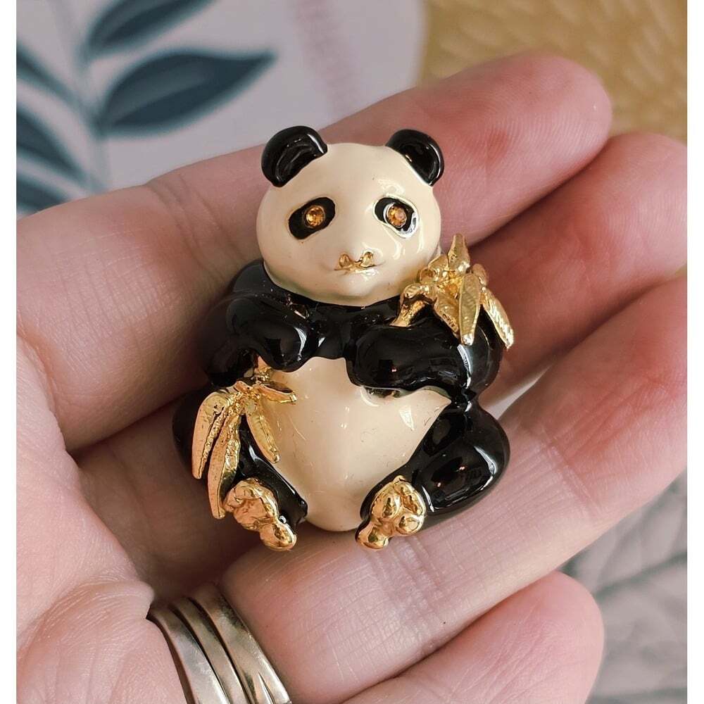Vintage Panda Brooch Enamel And Gold With Crystal Eyes